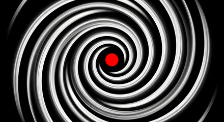 Obraz premium Black and white spiral pattern with a red center, representing motion, hypnotic visual effect, and dynamic abstraction in design