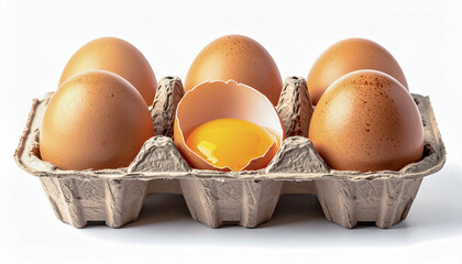 Carton of fresh brown eggs with one cracked open showing the yolk