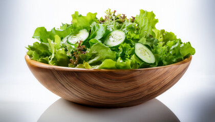 Fresh green salad with lettuce and cucumber in a wooden bowl