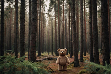 Plush Teddy Bear Standing in Pine Forest Solitude (AI-generated)