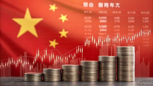 Chinese economic growth represented by rising stacks of coins and stock market data
