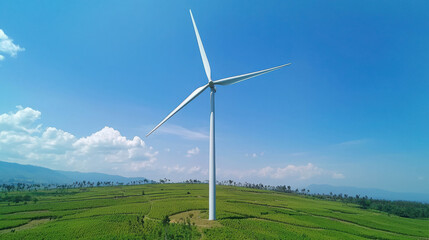 Renewable Energy Source: A Large Wind Turbine on a Scenic Green Hill Under a Clear Blue Sky, Symbolizing Sustainable Development and Clean Power Generation
