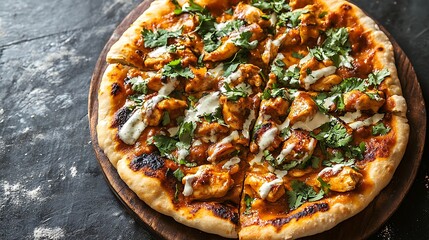 Delicious chicken tikka masala pizza ready to enjoy on rustic wooden board for a tasty meal tonight