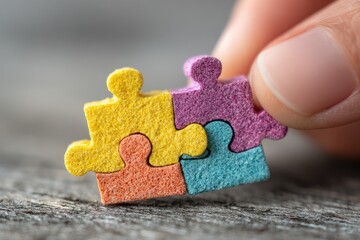 Close-up of hand placing colorful puzzle piece