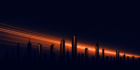 Futuristic city skyline with glowing orange light trails