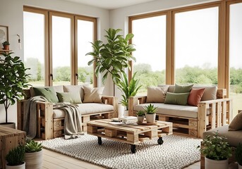Fototapeta premium Cozy living room with pallet furniture and natural light