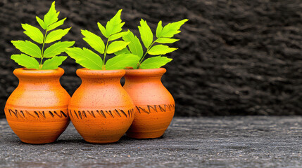 Beautiful terracotta pots with fresh green leaves against a textured dark background showcasing nature's beauty and craftsmanship in home decor