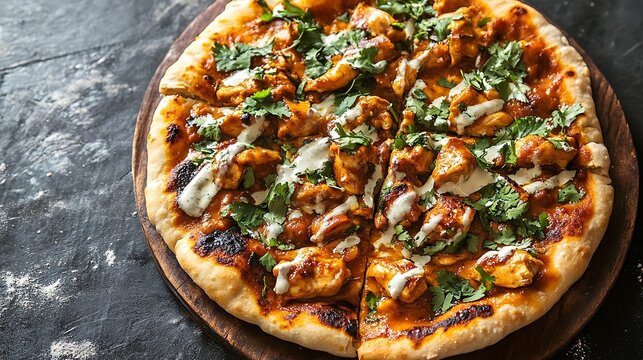 Delicious chicken tikka masala pizza ready to enjoy on rustic wooden board for a tasty meal tonight