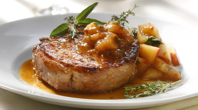 Juicy Pan-Seared Pork Chop with Sweet Apple Compote and Fresh Herbs on Elegant Plate - Powered by Adobe