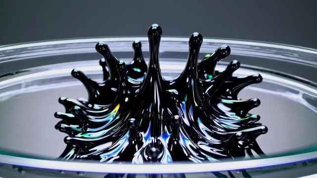 Magnetic ferrofluid creating intricate crown like formation with iridescent spikes inside transparent petri dish, revealing mesmerizing fluid dynamics and nanoscale material behavior