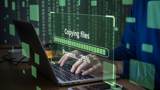 Hands typing on laptop, progress bar shows 75% file transfer completion
