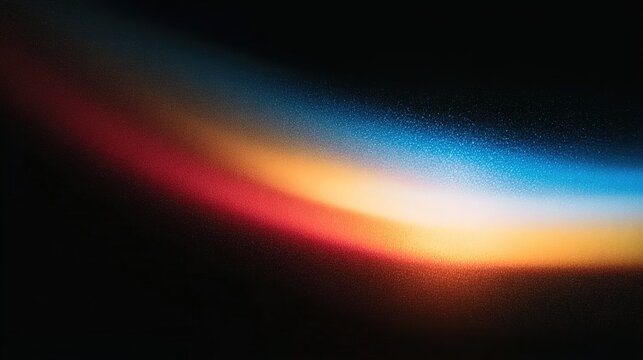 Abstract close-up of edge-lit gradient: Blue, red, yellow on black background, blurred, grainy with chromatic aberration. Ideal for digital art backgrounds, tech designs, or social media visuals.