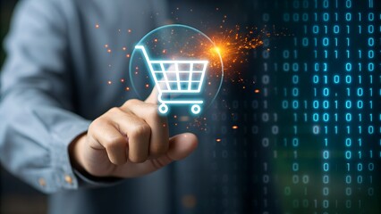 Digital shopping cart icon activated by finger on binary code background