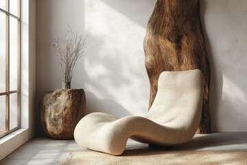 Beige burlap lounge chair placed against a white wall with a wooden slab as wall decor, reflecting minimalist rustic style. 3D rendering, Generative AI