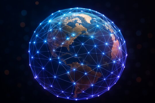 Global network connecting the earth with glowing blue lines and nodes