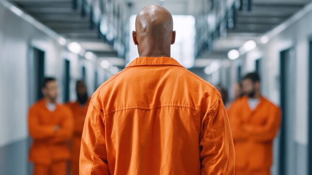 A bald man in an orange jumpsuit stands in a hallway, his back to the camera, other figures in similar jumpsuits are visible but blurred in the background.