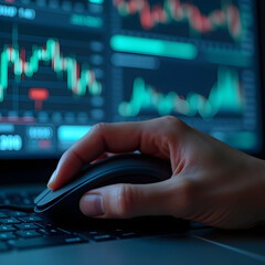 A detailed shot of a hand resting on a computer mouse. The screen displays a complex predictive model, with generative AI analyzing past data to forecast future market trends. The hand's presence sign