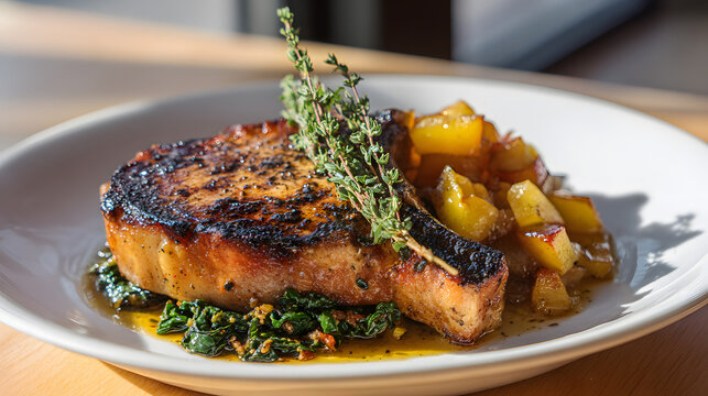 Delicious Pan-Seared Pork Chop with Apple Compote and Herbs for an Elegant Dining Experience - Powered by Adobe