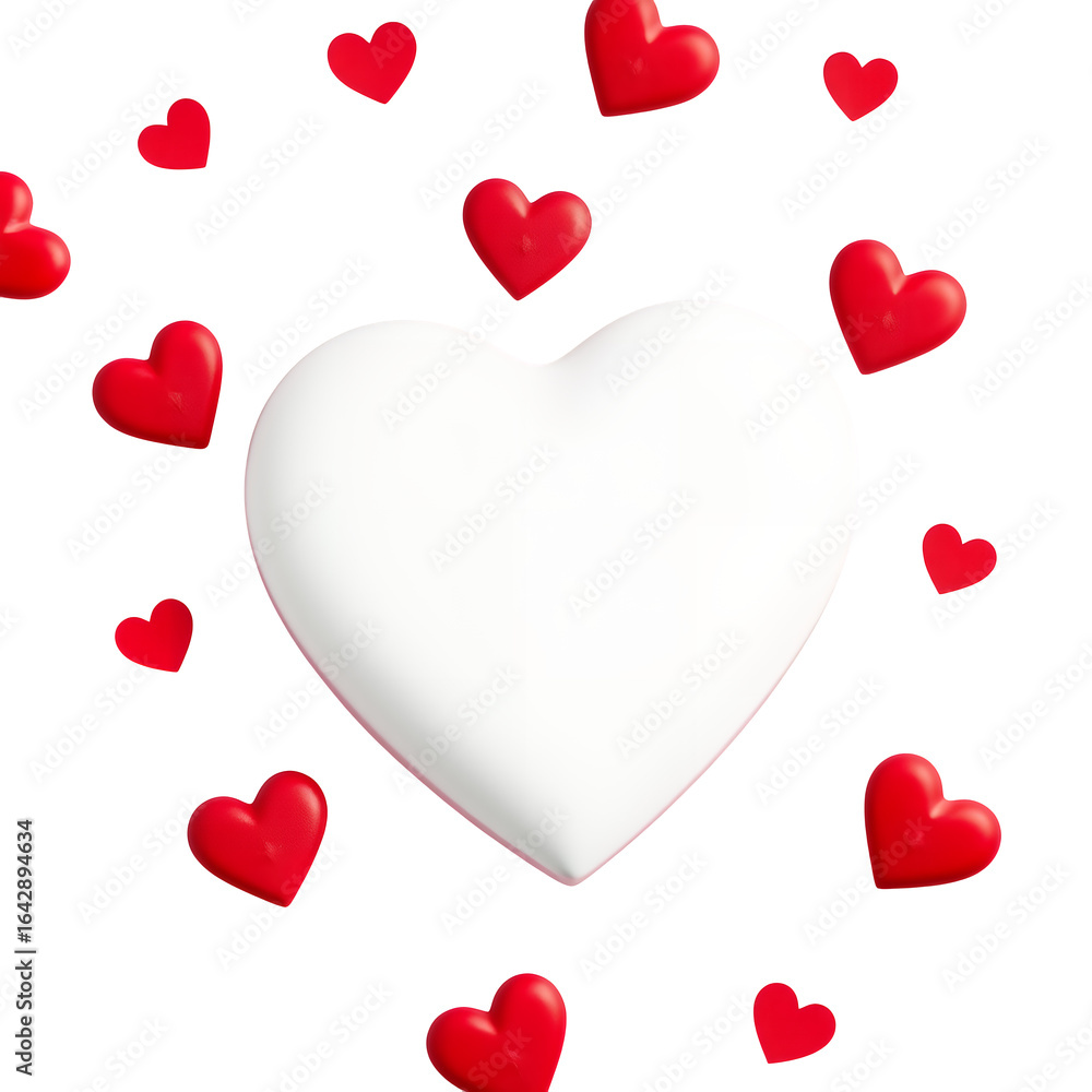 Poster a large white heart shape is surrounded by many small red hearts creating a romantic and loving vale