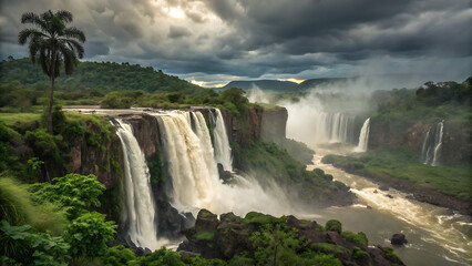 Fototapeta premium Majestic multi-tiered waterfall cascading down rugged cliffs.