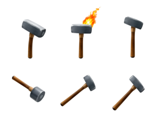 Collection of six heavy blacksmith hammers with wooden handles in various poses and one with a fiery torch isolated on transparent background
