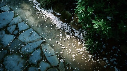 Gentle stream flowing over mossy rocks with scattered white petals