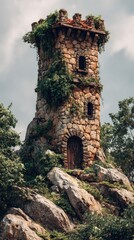 Stone tower, ivy-covered, perched atop rocks, cloudy sky