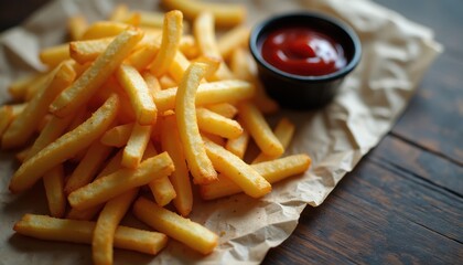 Appetizing French fries with ketchup on wooden table