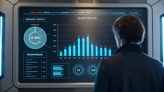 Scientist analyzes futuristic holographic data display with charts and graphs