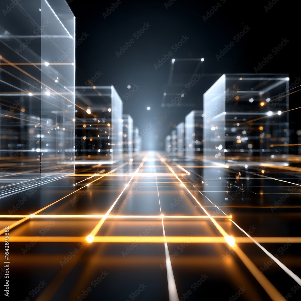 Aufkleber an abstract 3d visualization of data flow between servers, with luminous lines forming complex pathw