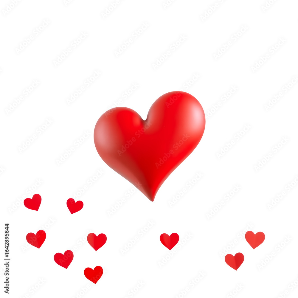 Poster a large glossy red heart floats above a scattering of smaller red hearts on a black background isola