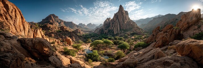 Panoramic view of a serene oasis nestled within a rugged, mountainous landscape