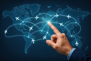 Hand touching a glowing network of airplane routes connecting cities across a digital world map, symbolizing global travel and connectivity