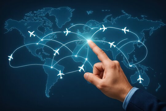 Hand touching a glowing network of airplane routes connecting cities across a digital world map, symbolizing global travel and connectivity