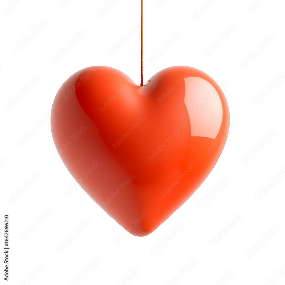 Poster a shiny red heart shape suspended by a thin thread against a dark background isolated on transparent