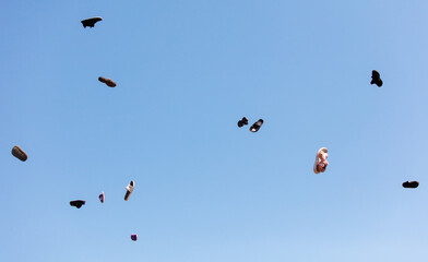 A bunch of shoes are flying in the sky
