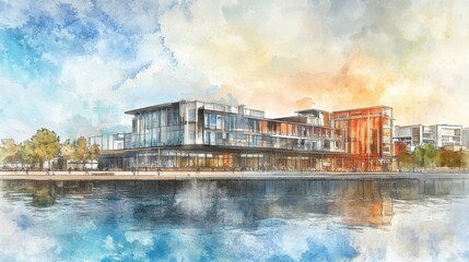 Fototapeta premium People walking along waterfront in serene city setting