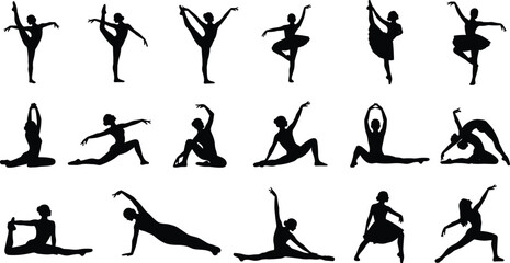 Dancer silhouettes, various poses, stretching, balancing, splits, black on white, expressive movement, flexibility, strength, graceful design, vector art