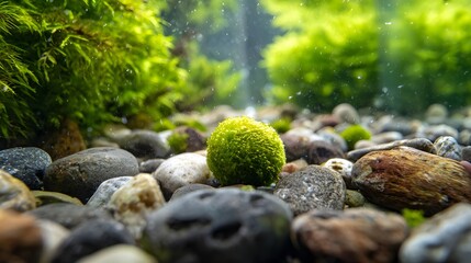 Close up of moss covered rocks on a forest floor with blurred green foliage background
