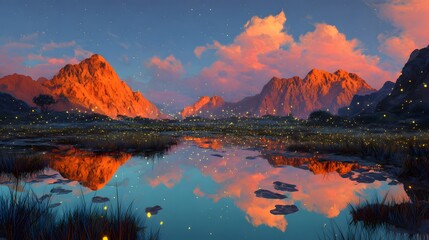 Beautiful mountain lake landscape nature reflection sunset scenery background wallpaper desktop hd illustration