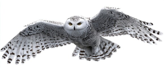White owl in flight against a white background