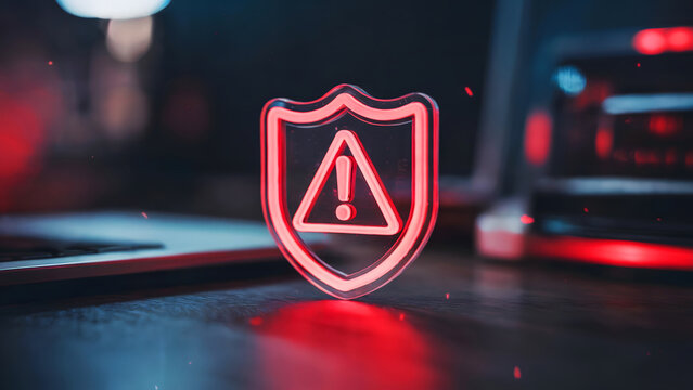 Urgent cybersecurity alert glowing red shield with exclamation mark on desk next to blurred laptop and tech devices, symbolizing digital danger