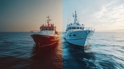 Two distinct boats sail peacefully on the ocean waves, one in warm sunset tones, the other in cool daylight.