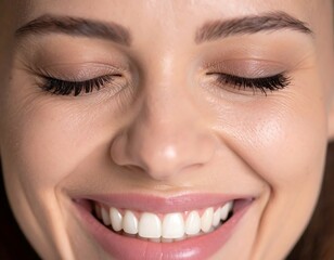 Close-up of a smiling woman with eyes closed, showcasing her bright smile and flawless skin