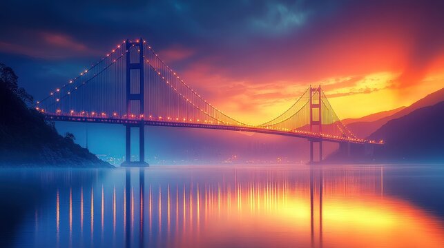 Golden Gate Bridge at sunrise, vibrant colors reflected in still water