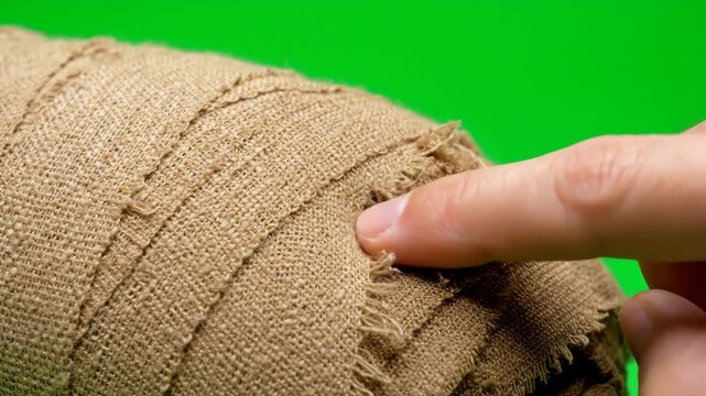 Finger Poking Hole in Mummy Bandages - Close-up shot of a finger slowly poking a hole through aged, tan linen mummy bandages.