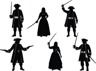 Historical character silhouettes, pirate and nobleman poses, sword and pistol figures, vintage costume design, adventure theme illustration, black vector art