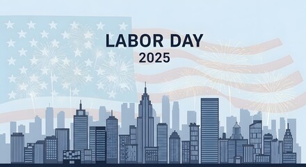 Fototapeta premium Blue Skyline Illustration with Labor Day 2025 Text in Minimal Style