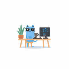 Cool Cat Coder: A stylish blue cat works at a computer sipping coffee and wearing sunglasses