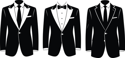 Men's tuxedo illustration, formal wear variations, black suit design, wedding attire, prom outfit, gala fashion, stylish event clothing